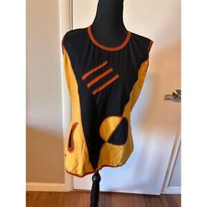 Dragonfly Nepal Artsy Cotton Top - Abstract Color-Block Appliqué Ringer Tee - M